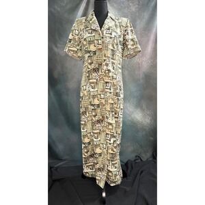 Leslie Fay Dress Vintage Print‎ + Wood Button Charm Retro Cool
